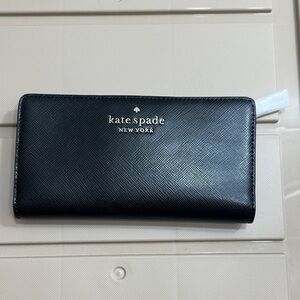 kate spade Black Saffiano Leather Zip Wallet with Gold Logo
